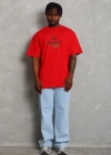 Unisex Oversize Baskılı Bisiklet Yaka T-Shirt - Kırmızı