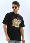 Unisex Oversize Baskılı Bisiklet Yaka T-Shirt - Siyah