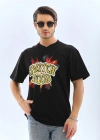 Unisex Oversize Baskılı Bisiklet Yaka T-Shirt - Siyah