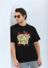 Unisex Oversize Baskılı Bisiklet Yaka T-Shirt - Siyah