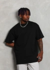 Unisex Oversize Düz Bisiklet Yaka T-Shirt - Siyah