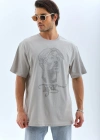 Unisex Oversize Taşlı Bisiklet Yaka T-Shirt - Gri
