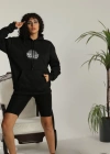 Kadın Sırt Baskılı Kapüşonlu Üç İplik Oversize Sweatshirt - Siyah