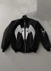 Unisex Siyah Bomber Mont – Venom Beyaz Örümcek Logolu, Fermuarlı Cepli, Kapitone Astarlı Günlük Mont - Siyah
