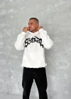 Unisex Üç İplik Kapüşonlu Baskılı SweatShirt - Beyaz