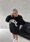 Kadın Üç İplik Kapüşonlu Baskılı SweatShirt - Siyah