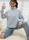 Unisex Uzun Kol Yarım Farmuarlı Yakalı Basic SweatShirt - Gri