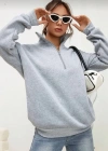 Unisex Uzun Kol Yarım Farmuarlı Yakalı Basic SweatShirt - Gri