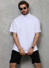 Unisex Yarım Fermuarlı Düz Oversize T-shirt - Beyaz