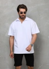 Unisex Yarım Fermuarlı Düz Oversize T-shirt - Beyaz