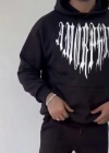 Uzun Kol Kapüşonlu Baskılı SweatShirt - Siyah