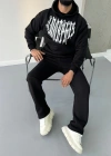 Uzun Kol Kapüşonlu Baskılı SweatShirt - Siyah
