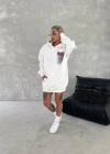 Uzun Kol Kapüşonlu Ön Ve Arka Baskılı SweatShirt - Beyaz