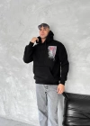 Uzun Kol Kapüşonlu Ön Ve Arka Baskılı SweatShirt - Siyah