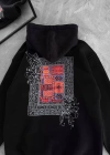 Uzun Kol Kapüşonlu Ön Ve Arka Baskılı SweatShirt - Siyah