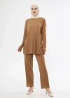 Uzun Kollu Organik Yıkanmış Kumaş Fitilli Pantolonlu Takım - Kahve