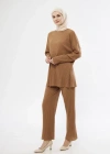 Uzun Kollu Organik Yıkanmış Kumaş Fitilli Pantolonlu Takım - Kahve