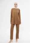 Uzun Kollu Organik Yıkanmış Kumaş Fitilli Pantolonlu Takım - Kahve