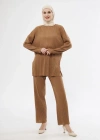 Uzun Kollu Organik Yıkanmış Kumaş Fitilli Pantolonlu Takım - Kahve