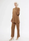 Uzun Kollu Organik Yıkanmış Kumaş Fitilli Pantolonlu Takım - Kahve