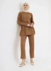 Uzun Kollu Organik Yıkanmış Kumaş Fitilli Pantolonlu Takım - Kahve