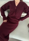 V Yaka 3 Düğmeli Hırka Takım Triko İkili Etekli - Bordo