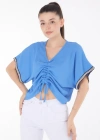 V yaka büzgülü detaylı bluz