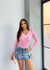 V yaka çizgili bluz pembe A3699