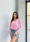 V yaka çizgili bluz pembe A3699