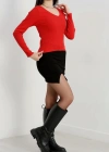V yaka kaşkorse bluz kırmızı a3699