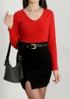 V yaka kaşkorse bluz kırmızı a3699