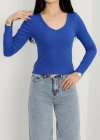 V yaka kaşkorse bluz saks mavisi a3699