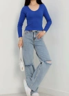V yaka kaşkorse bluz saks mavisi a3699
