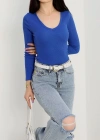 V yaka kaşkorse bluz saks mavisi a3699