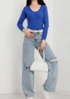 V yaka kaşkorse bluz saks mavisi a3699