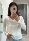V Yaka uzun Kollu Triko ince Bluz - Beyaz