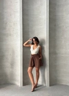 Volanlı keten şort kahve s255058