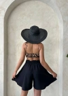 Volanlı keten şort siyah s255058