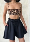 Volanlı keten şort siyah s255058