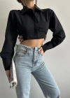 Yanı kemer detaylı crop gömlek siyah s4009