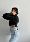 Yanı kemer detaylı crop gömlek siyah s4009