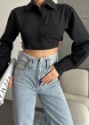 Yanı kemer detaylı crop gömlek siyah s4009