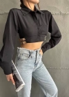Yanı kemer detaylı crop gömlek siyah s4009