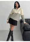 Yarım Fermuar Devrik Yaka Çizgili Kazak