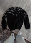 Yıldırım Baskılı Bisiklet Yaka SweatShirt - Siyah