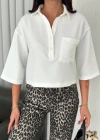 Z Krep Kadın Crop Yakalı Gömlek İlik Düğmeli Üç Çeyrek Sleeve Kol - Beyaz