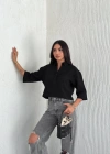 Z Krep Kadın Crop Yakalı Gömlek İlik Düğmeli Üç Çeyrek Sleeve Kol - Siyah