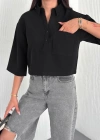 Z Krep Kadın Crop Yakalı Gömlek İlik Düğmeli Üç Çeyrek Sleeve Kol - Siyah
