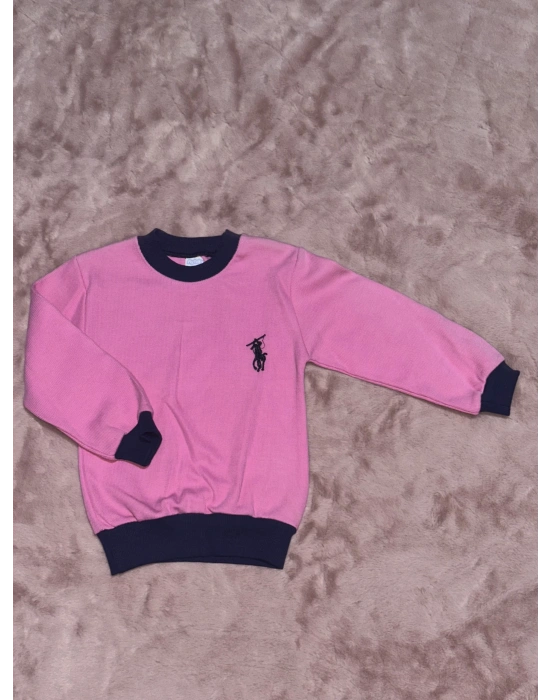 1-7 yaş Armalı bisiklet yaka lacivert biyeli sweatshirt pembe