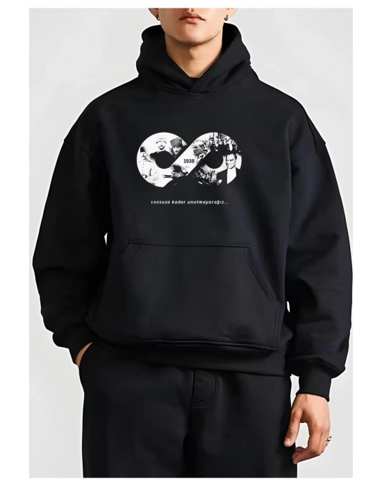 10 Kasıma Özel Üç İplik Kapüşonlu Baskılı SweatShirt - Siyah